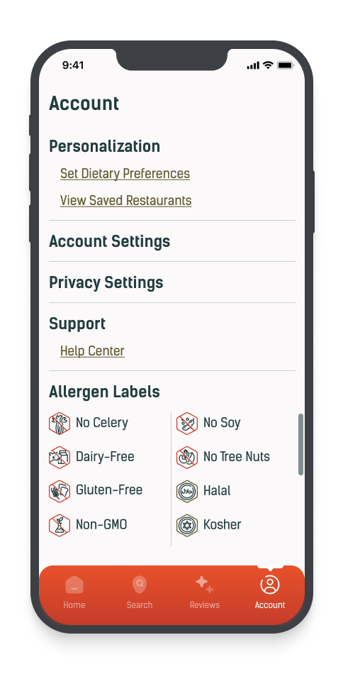 Screenshot of a mobile app's account settings page showing options for personalization, account, privacy, support, and allergen labels, with the 'Allergen Labels' section listing No Celery, No Soy, Dairy-Free, No Tree Nuts, Gluten-Free, Non-GMO, Hala