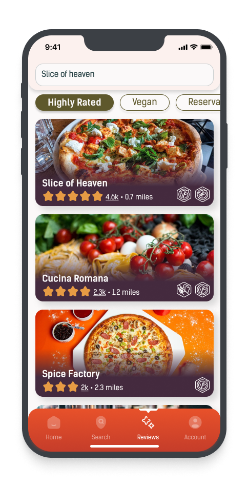 A mobile app screen displaying a pizza delivery or review service, showing top-rated pizzerias with images, ratings, and distances.