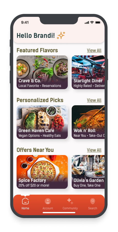 Mobile app screen showing food delivery options, including featured flavors, personalized picks, and offers near the user.