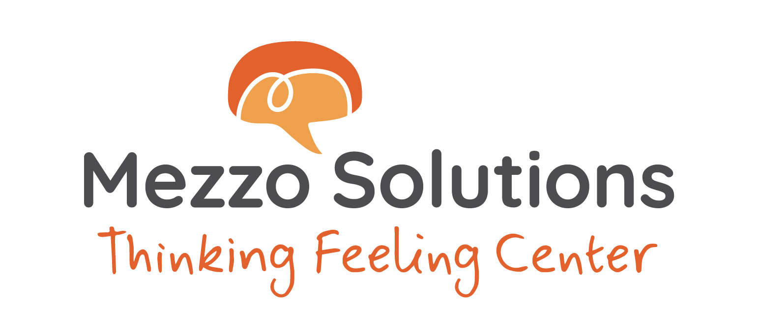 Logo for Mezzo Solutions with an illustration of a person's profile wearing glasses above the text 'Mezzo Solutions' in gray, and 'Thinking Feeling Center' in orange.