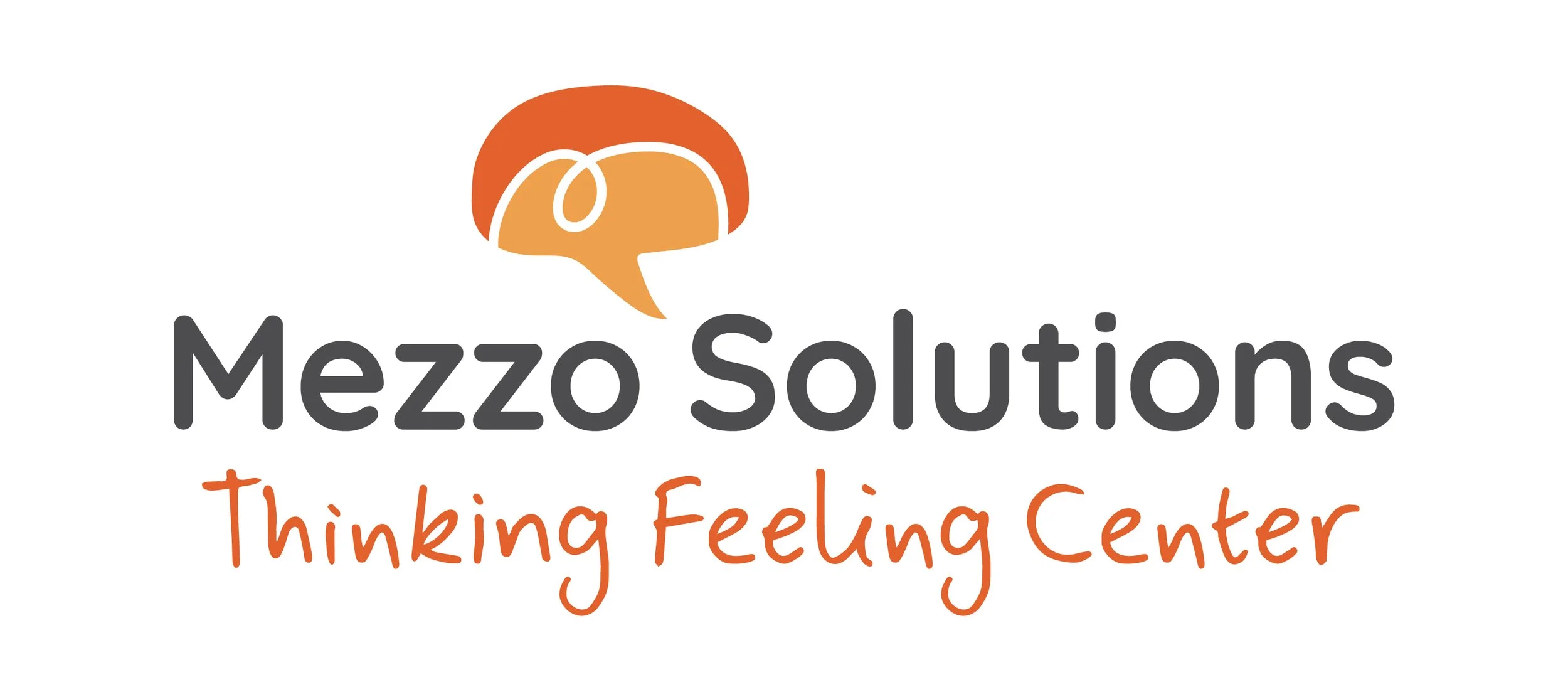 Logo for Mezzo Solutions featuring an orange and peach speech bubble with a brain outline, the text "Mezzo Solutions" in dark gray, and "Thinking Feeling Center" in orange handwritten font.