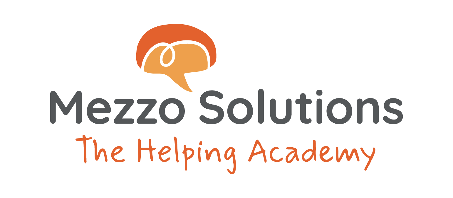 Logo for Mezzo Solutions featuring a stylized headset or speech bubble with a person's face, along with the text "Mezzo Solutions" and "The Helping Academy" in orange and gray fonts.