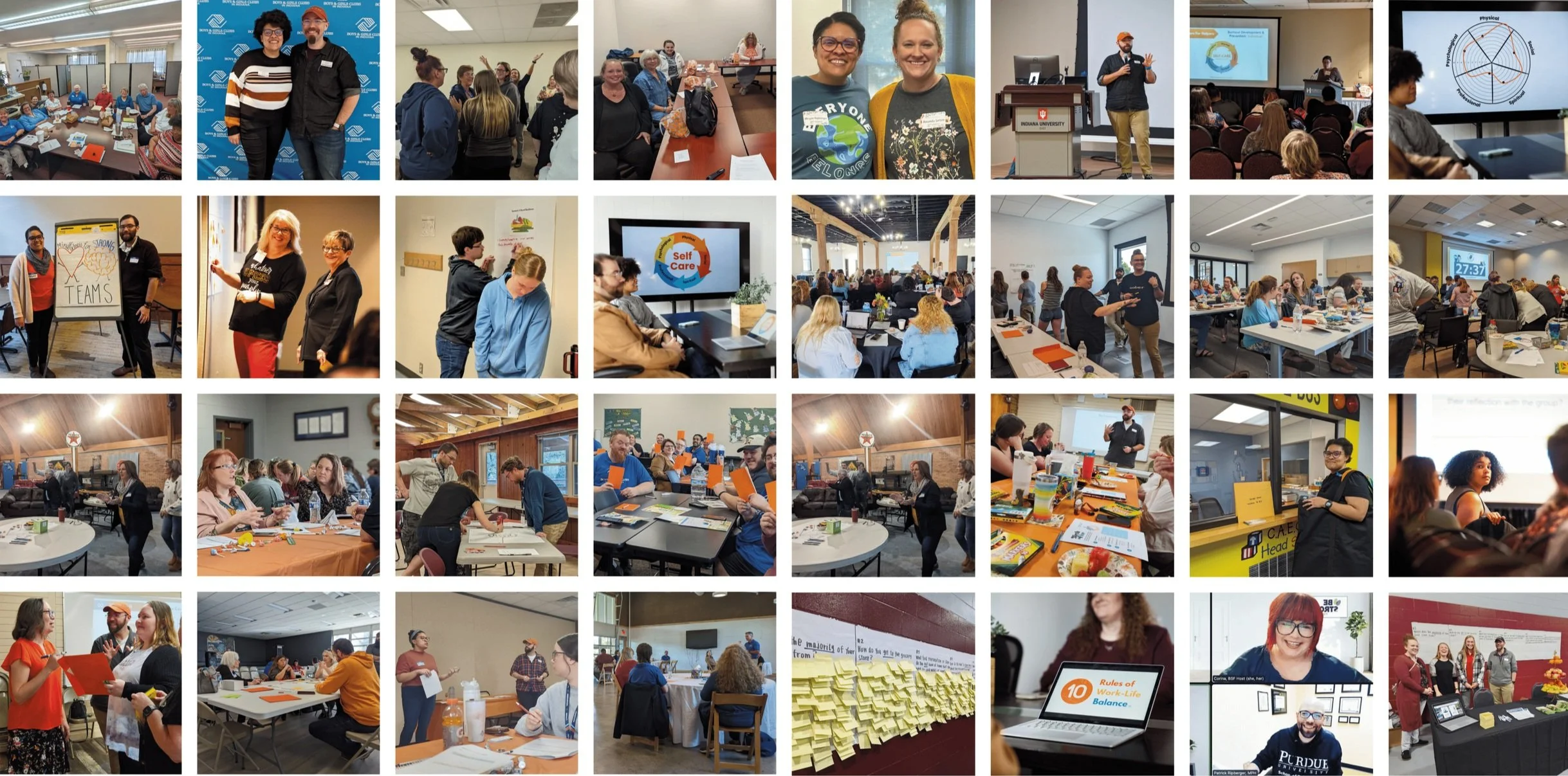 Collage of various indoor scenes from a conference or workshop. Images show people participating in presentations, group discussions, collaborative activities, and networking. Some individuals are listening to speakers at podiums, while others are engaged in teamwork at tables, and some are interacting with flip charts, sticky notes, or digital screens.