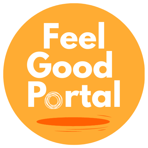 Orange circular logo with white text reading "Feel Good Portal" and a small circular design, along with a red brushstroke underline.