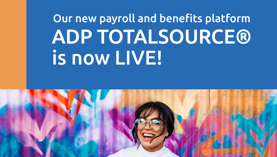 Figma flyer with text 'Our new payroll and benefits platform ADP TotalSource is now live!'