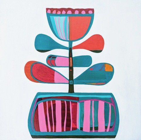 Miss Bee's Delight, 12"x 12" x 1.5", acrylic on wood cradle board in maple floater frame, SOLD