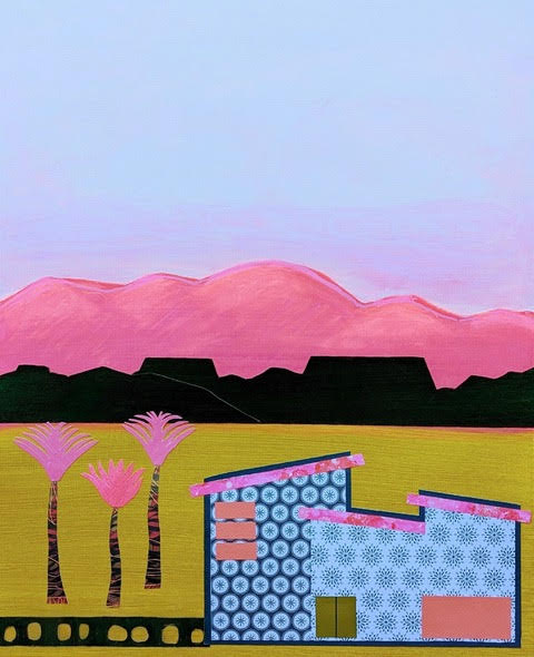 Palm Springs in Neon, acrylic & mixed media, on wood panel in floating frame, 16” x 20”