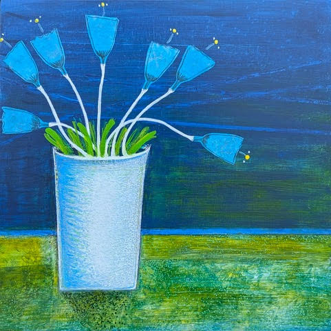 We're Feeling A Little Blue Today, 12"x12"x1.5", acrylic and paper on wood panel