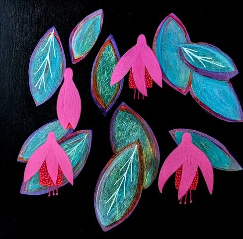 Joan’s Fuchsia’s, 12” x 12”, Acrylic on wood Panel, framed