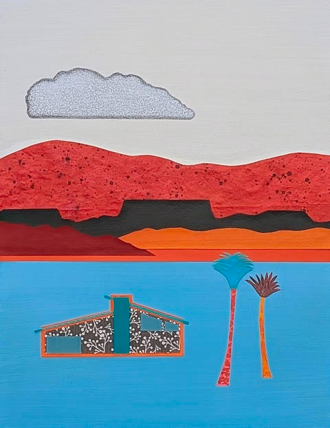 Those Red Hills In My Dreams, acrylic & mixed media, on wood panel in floating frame, 14” x 18”