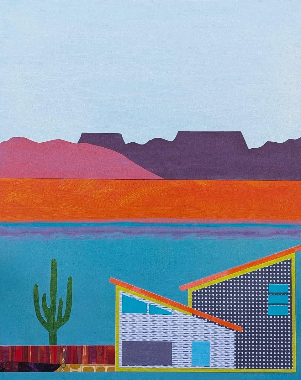 Pink Hills, Purple Buttes, acrylic & mixed media, on wood panel in floating frame, 16”x 20”