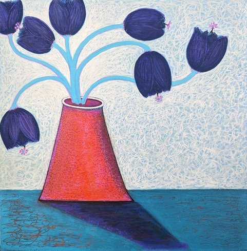 Orange Vase Flirting with Tulips, 12"x 12" x 1.5", mixed media on wood cradle board, SOLD