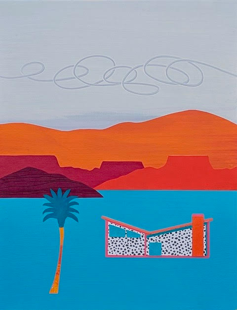 Where’s The Road Runner? acrylic & mixed media, on wood panel in floating frame, 14” x 18”