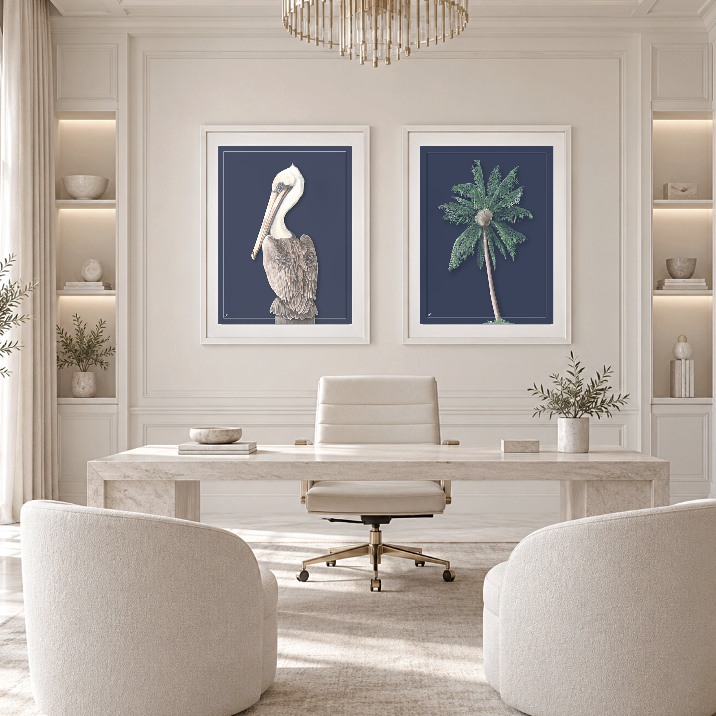Grand Pelican & Florida Palm Pair | Refined Paintings