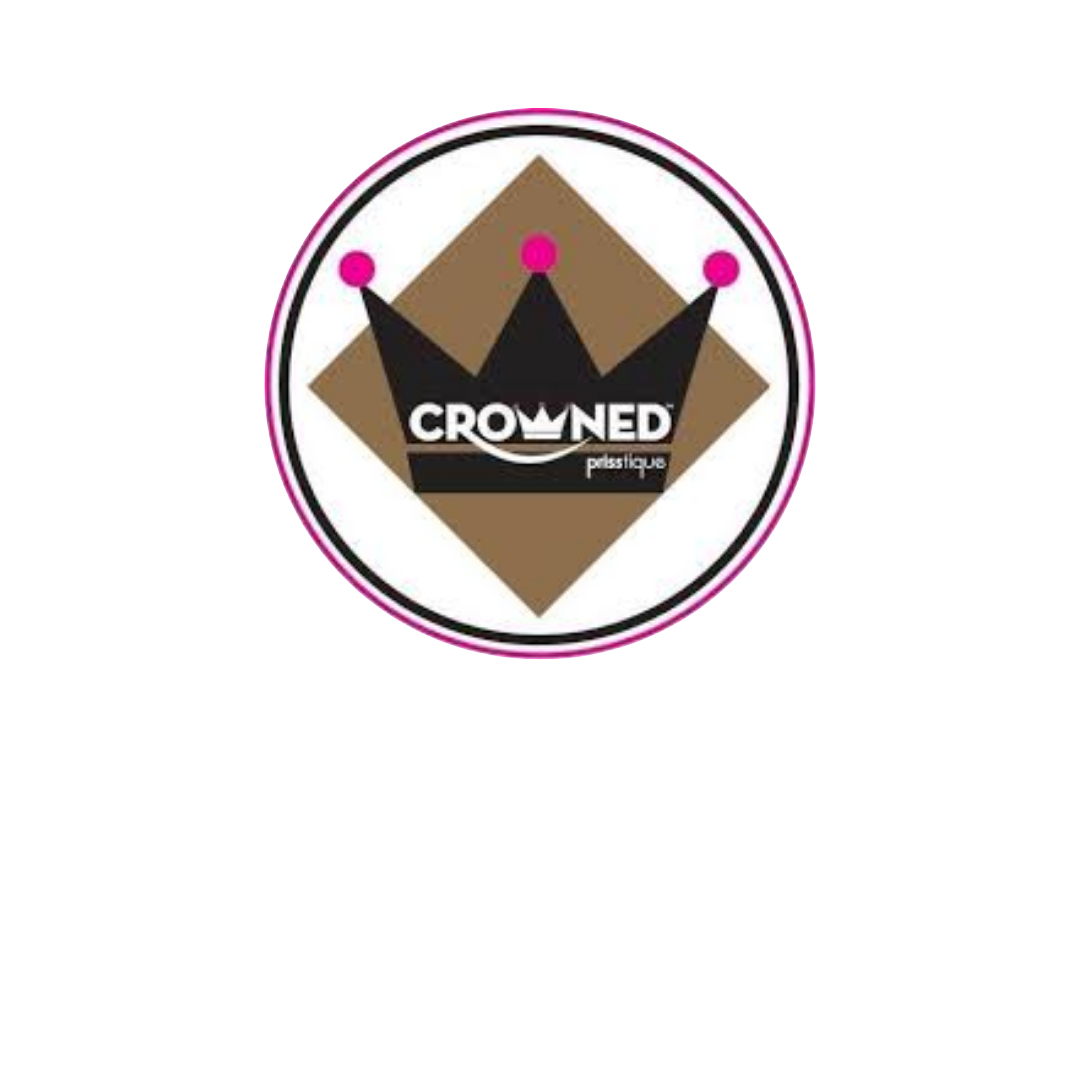 Logo featuring a black crown with pink tips on a brown diamond background, with the word 'CROWNED' in bold white letters, and 'plzstyle.us' underneath.