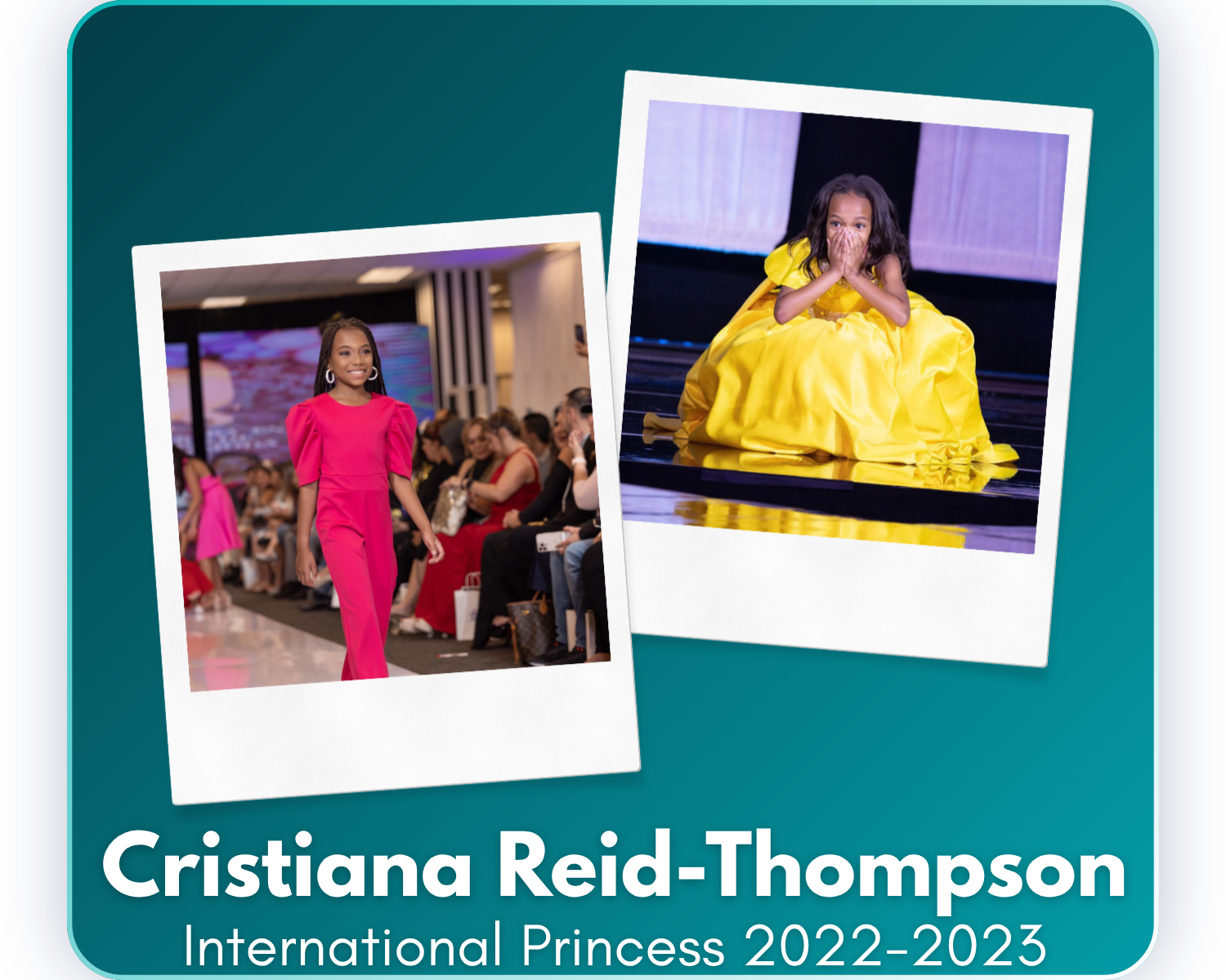 Since her reign as IUM Princess 2022–2023, Cristiana has remained an honor roll student while pursuing volleyball, modeling, and new creative opportunities, including dance. As she prepares to enter seventh grade, she continues to grow in confidence 