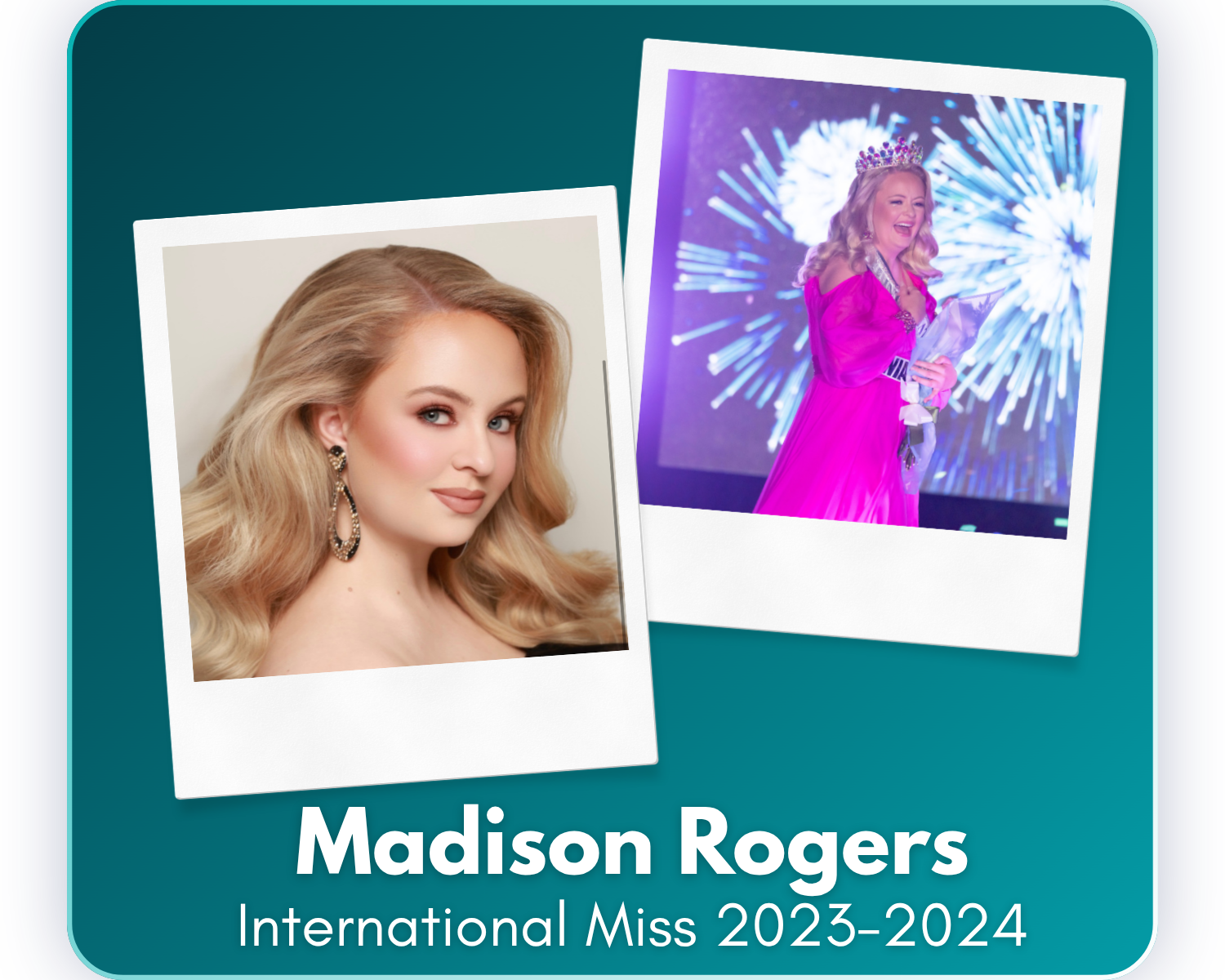 Since her IUM reign in 2024, Madison has earned her Bachelor's degree in Education, accepted a position as an Elementary ESL teacher, traveled internationally, and continued her commitment to service through Operation Christmas Child, where she will 