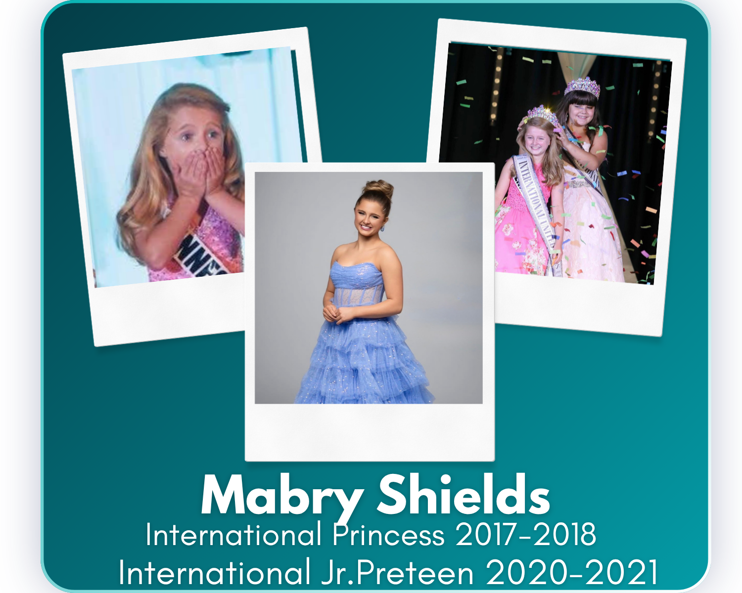 The first two-time International winner, Mabry remains active in pageantry through the Miss America Opportunity while co-founding Project Girl Code, a relationship-skills initiative for girls. A rising junior, she plans to pursue a career in sports b