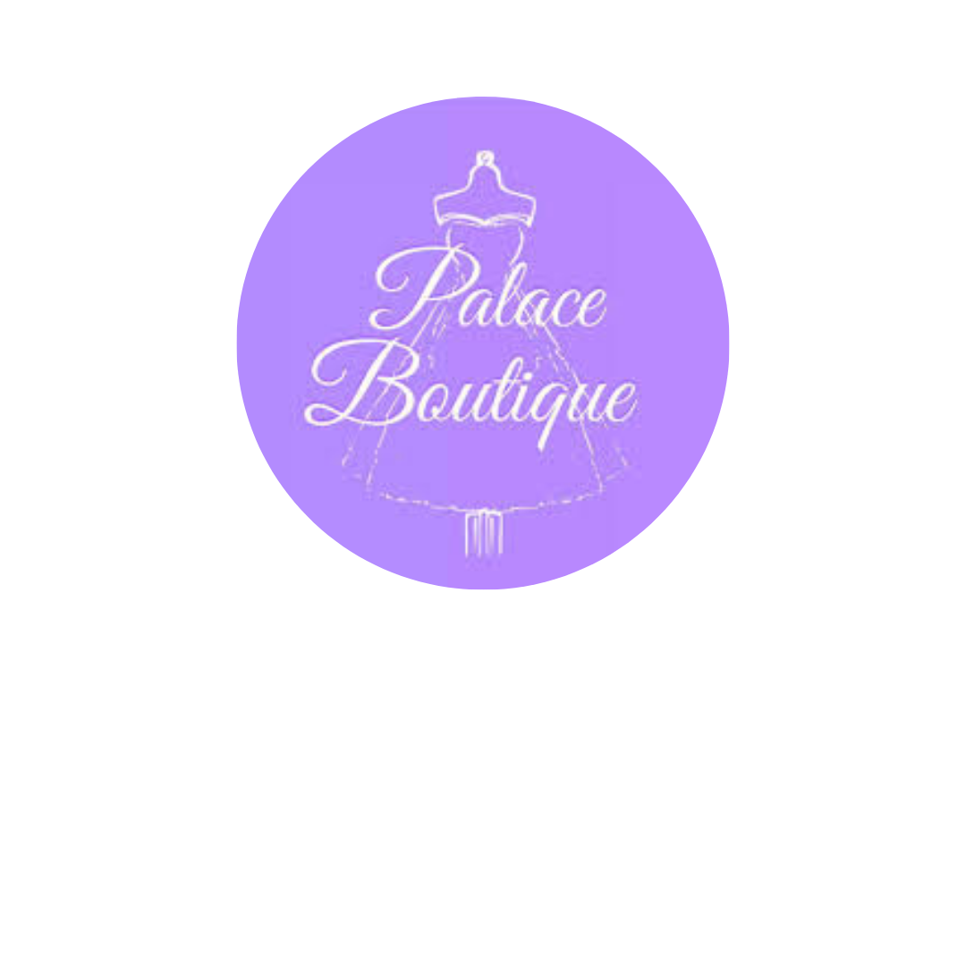 A circular logo with a light purple background and a teal glittery border. Inside, a white outline of a dress on a hanger is above the words "Palace Boutique" written in elegant cursive font.