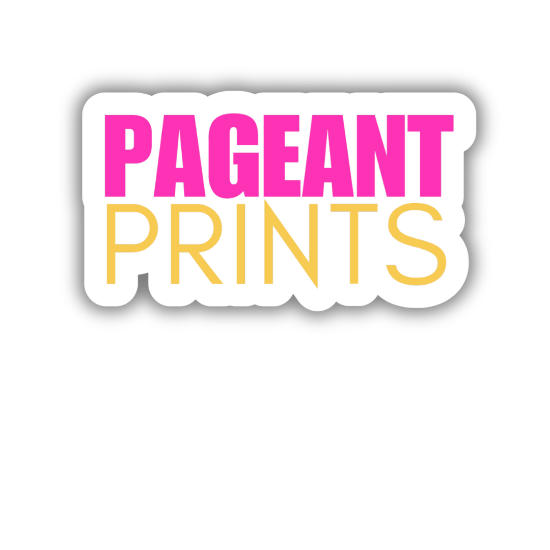 A circular logo for Pageant Prints with turquoise glitter border, pink and gold text, and black website URL.