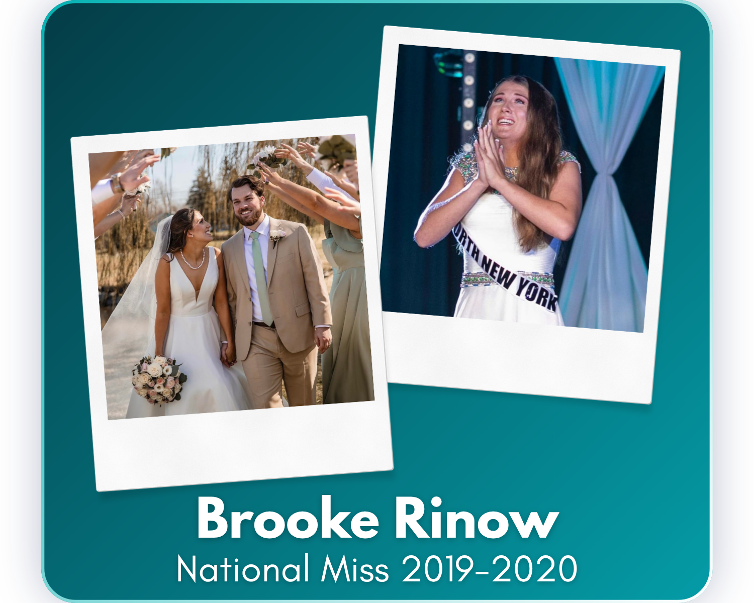 Since her reign as National United Miss, Brooke has earned both her Bachelor's and Master's degrees in Education, traveled the world through mission work and personal adventures, coached four cheerleading teams, married her husband in 2025, and built
