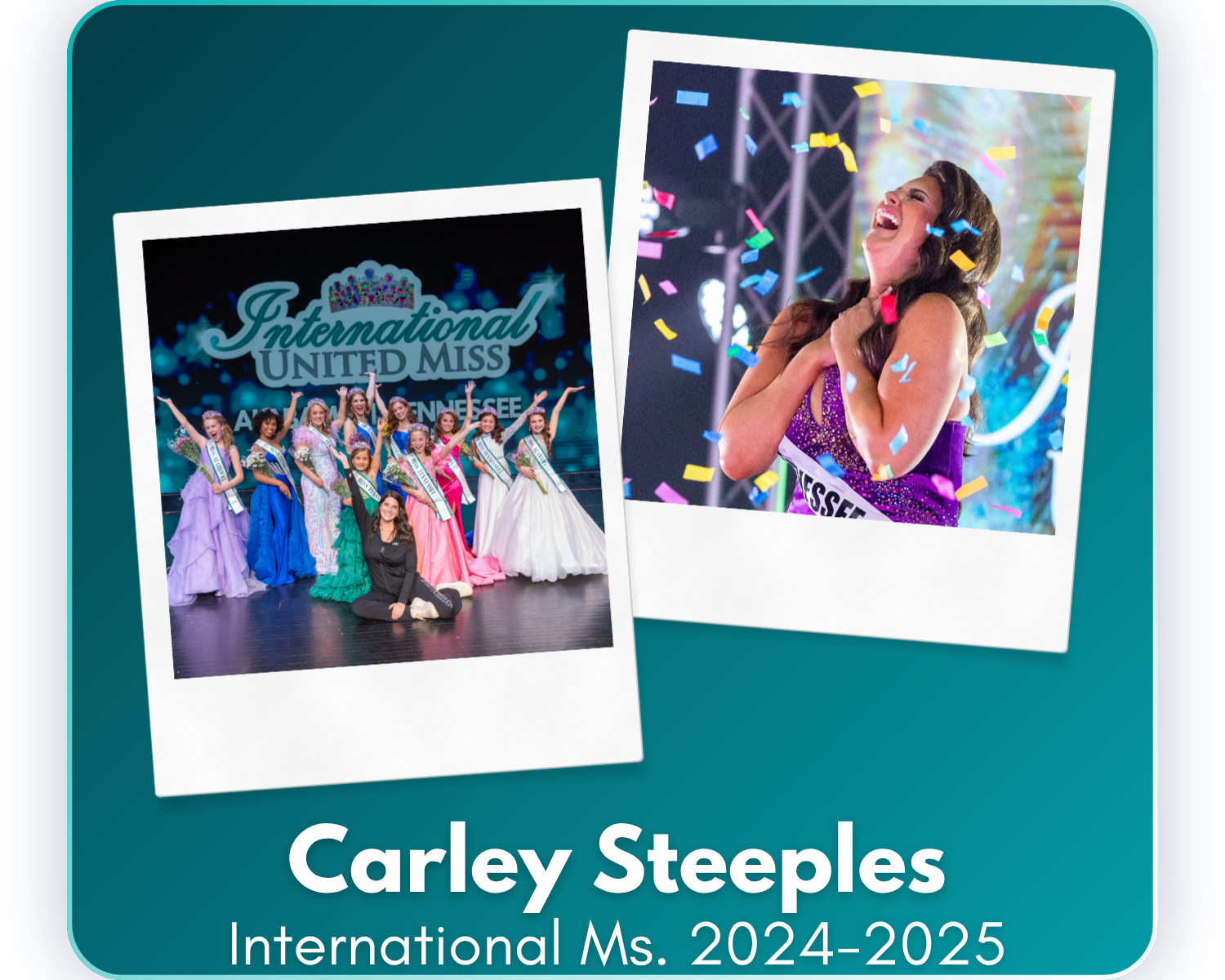 Since her reign as International United Ms. 2024–2025, Carley has opened her boutique, She Blooms, completed the 48.6-mile Dopey Challenge at Walt Disney World as a St. Jude Hero, and returned to IUM as the State Director for Tennessee and Alabama, w
