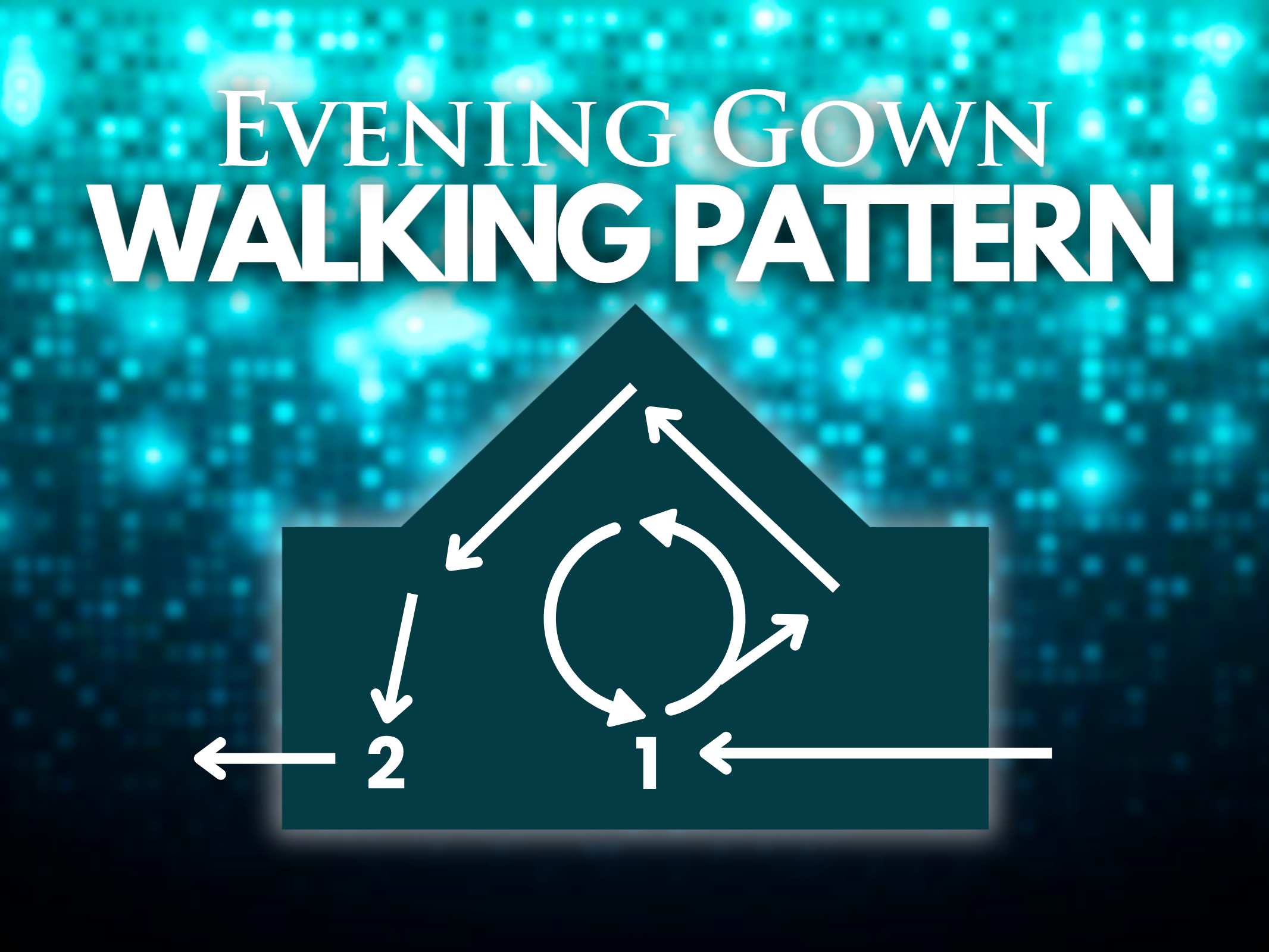 Graphic promoting an evening gown walking pattern, displaying arrows and numbered steps indicating directions for walking pattern.