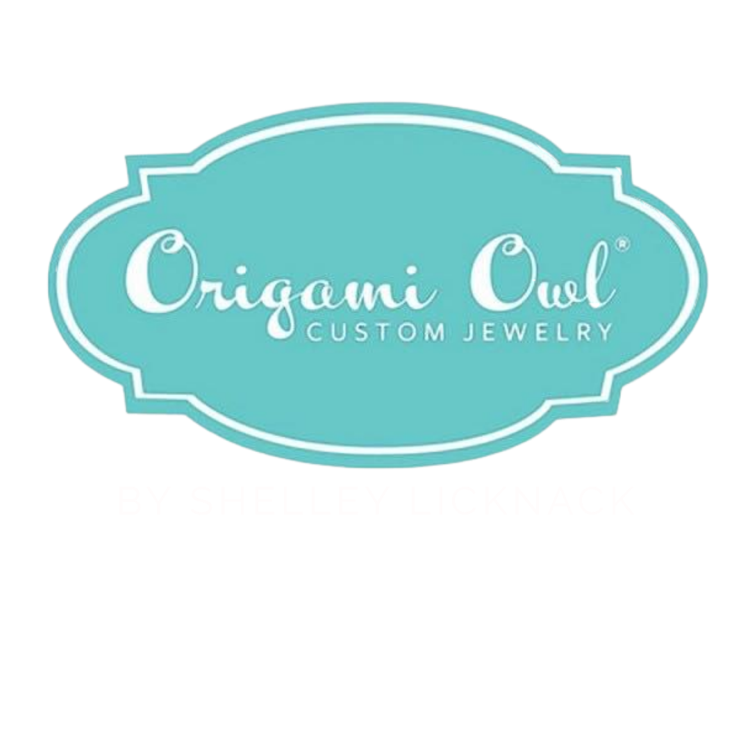 Logo for Origami Owl Custom Jewelry with a teal background and white text, courtesy of Shelley Licknack.