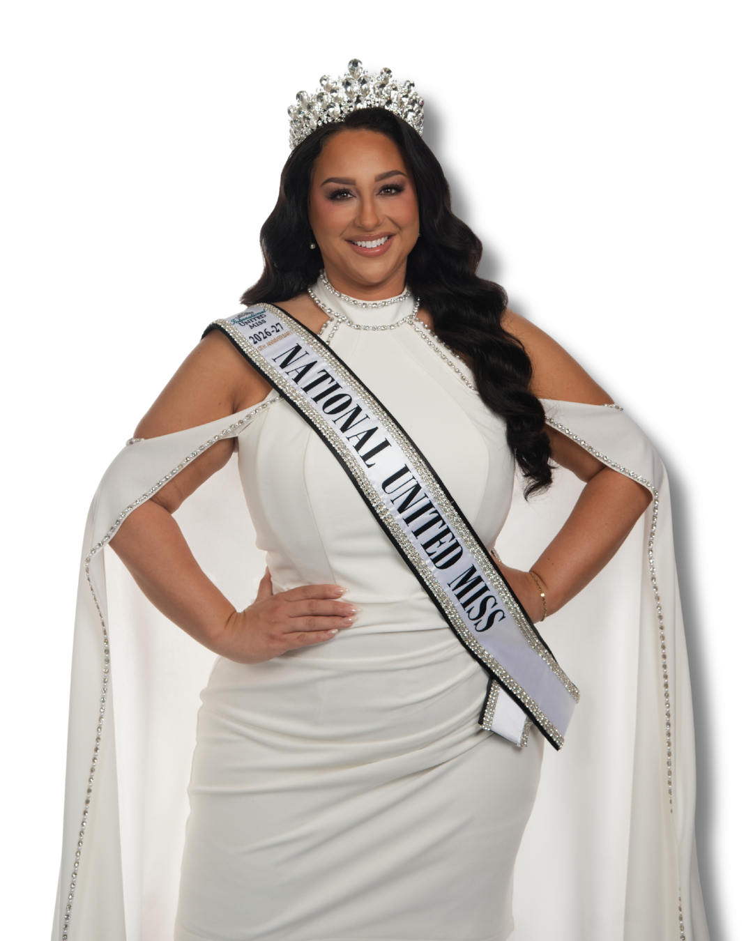 Woman wearing a crown and sash that reads Miss National United Miss 2025-26, dressed in a red gown with intricate beadwork.