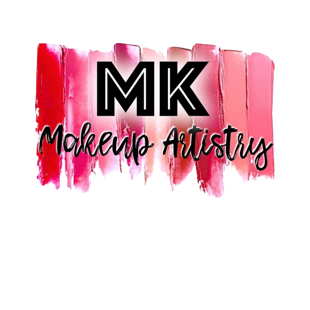 Logo with pink lipstick smears, black stylized text 'MK', and handwritten style text 'Makeup Artistry' inside a turquoise circle.