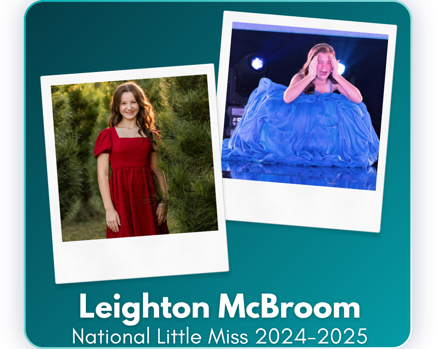 Since her reign as National United Little Miss 2024–2025, Leighton has completed nearly 100 hours of community service, earned leadership roles in Student Council and drill team, and captured the Texas Preteen title. She is excited to return to the i