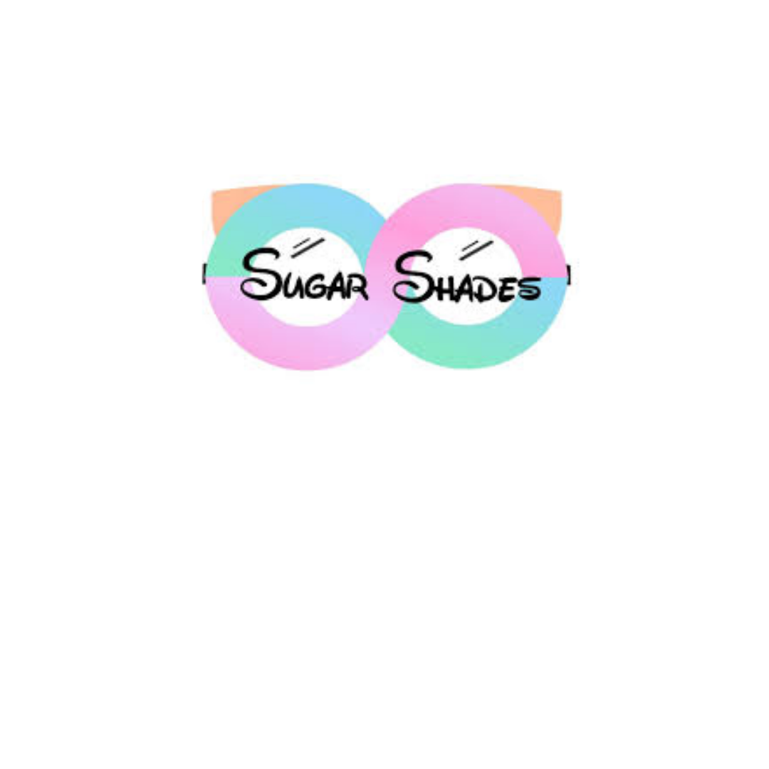 Logo of 'Sugar Shades' with two overlapping rainbow-colored circles, one pink and one blue, inside a glittery teal circle.