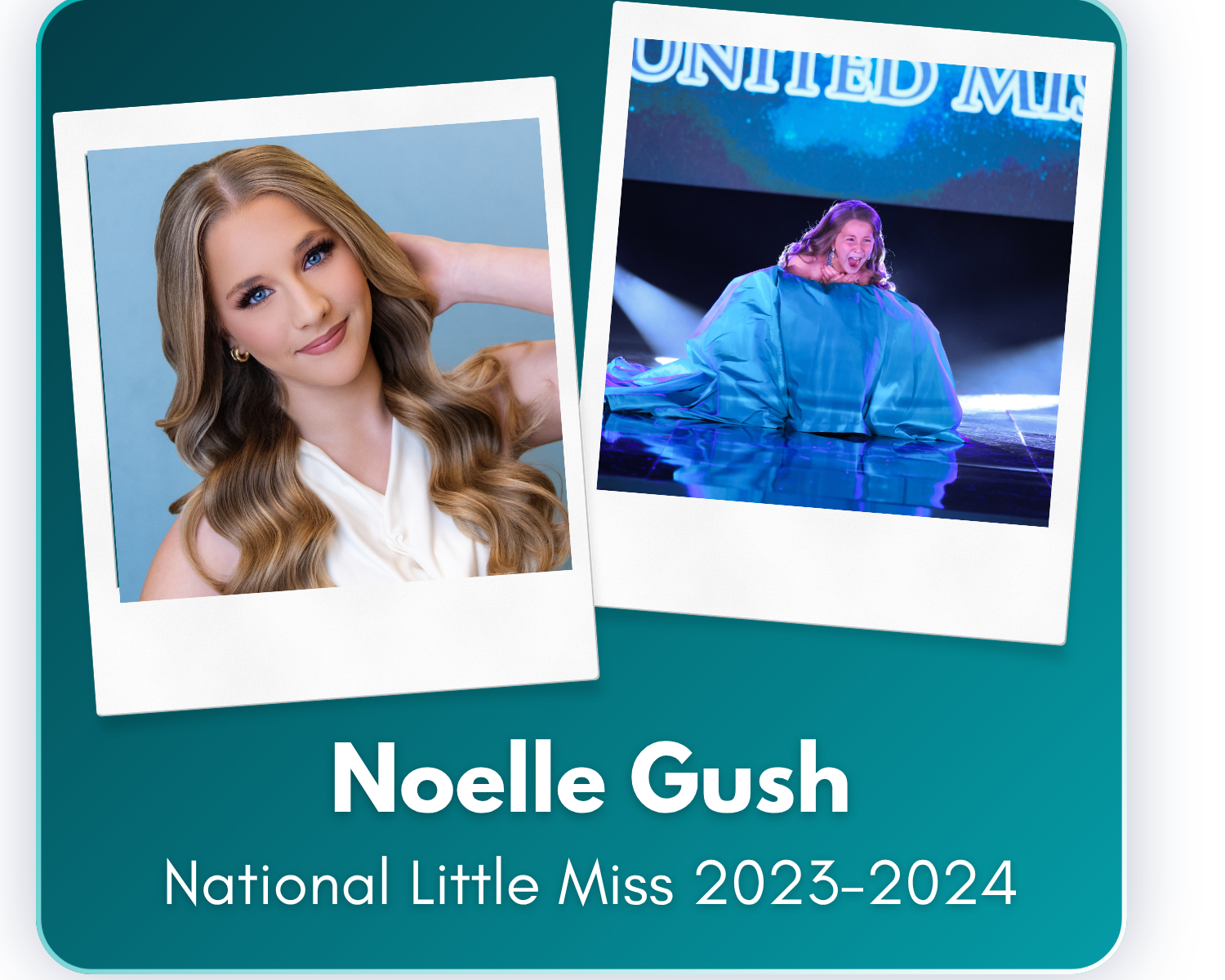 Since her time as an IUM national queen, Noelle has become a competitive cheerleader, performing dancer, and student leader while maintaining the lifelong friendships she built through IUM. She now serves as IUM's Junior Alumni Coordinator and has co