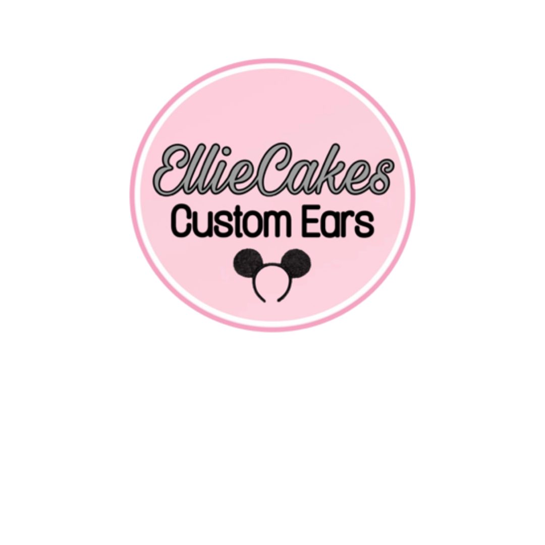Pink circular logo for EllieCakes Custom Ears with black cursive text and a graphic of black mouse ears with a headband.