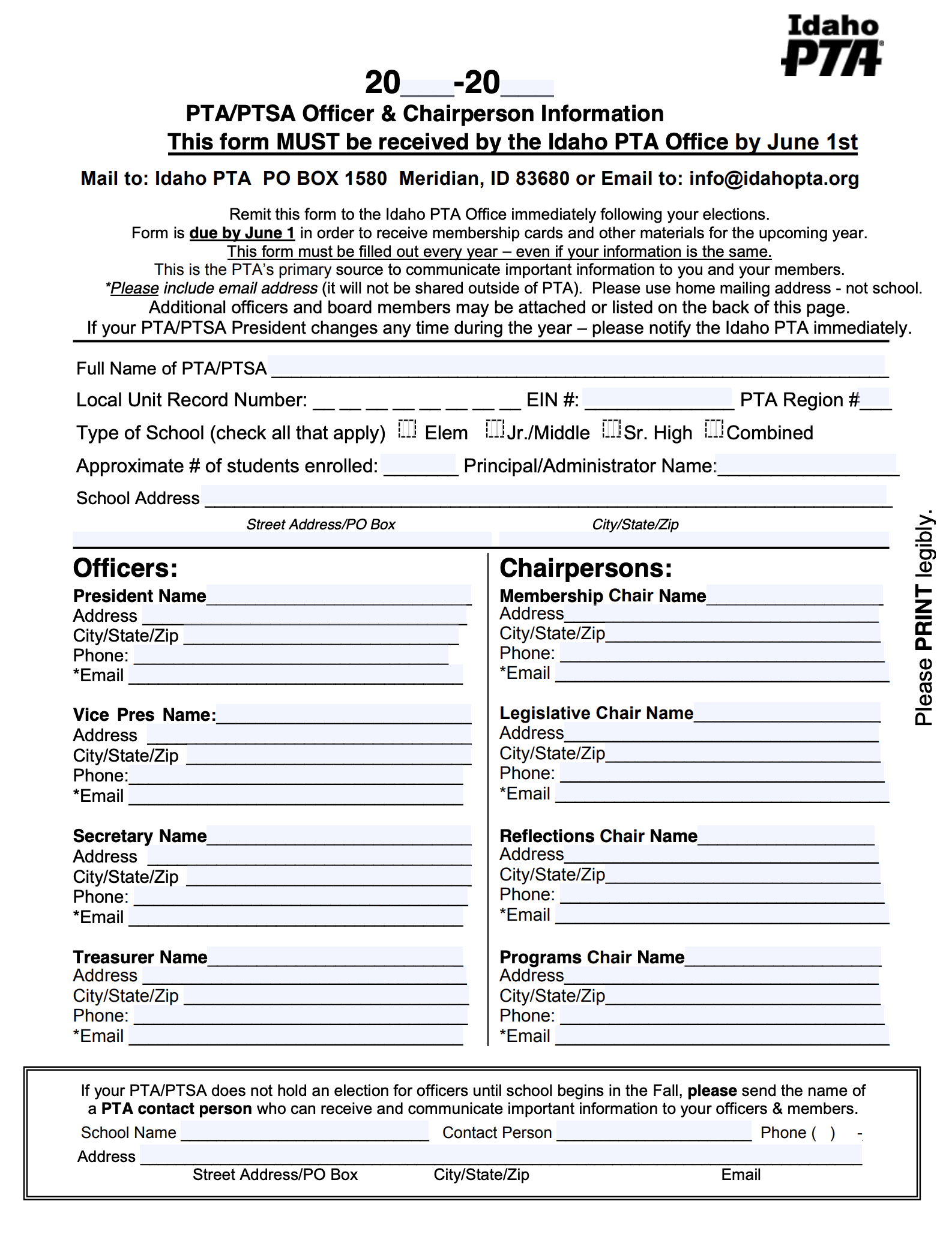 Submit Local PTA Unit Board List
