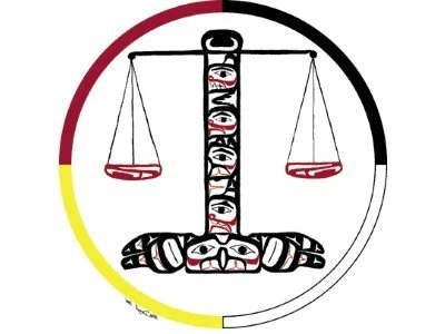 A logo with a scale of justice hanging from a central pillar and a stylized animal face at the bottom, surrounded by a circle colored with black, red, and yellow segments.