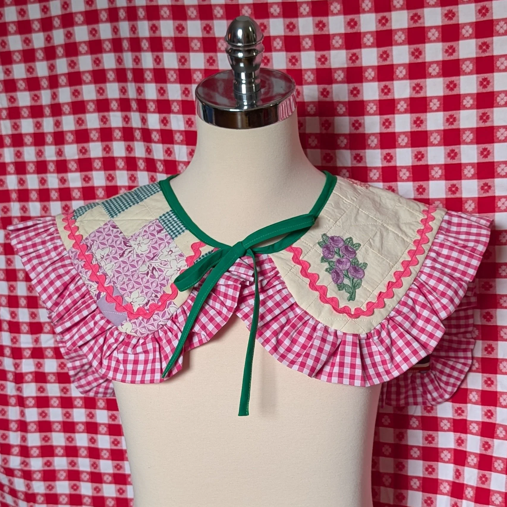 Pink Gingham Quilted Ruffle Collar