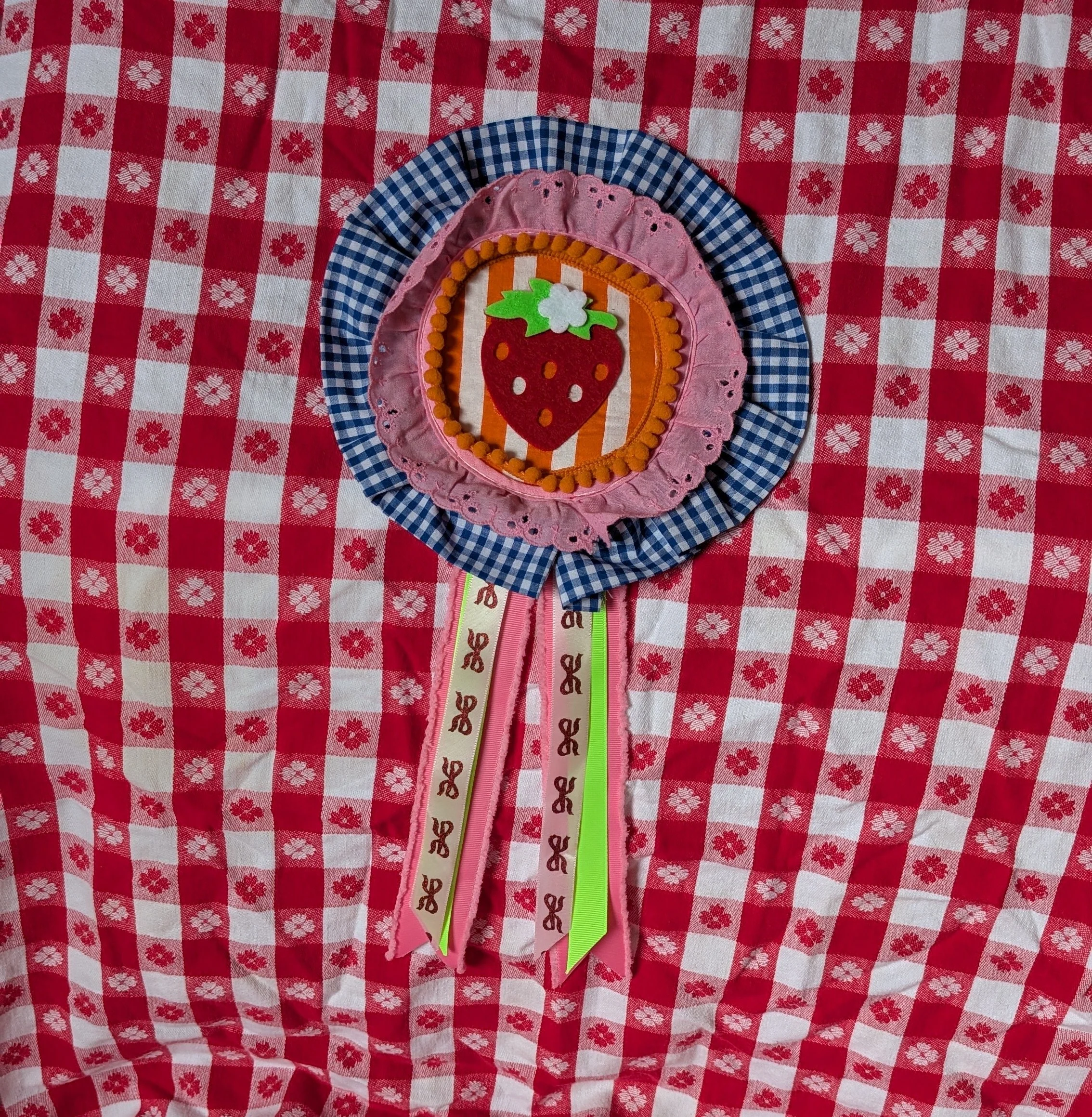 Blue & Orange Strawberry Rosette Ribbon Pin