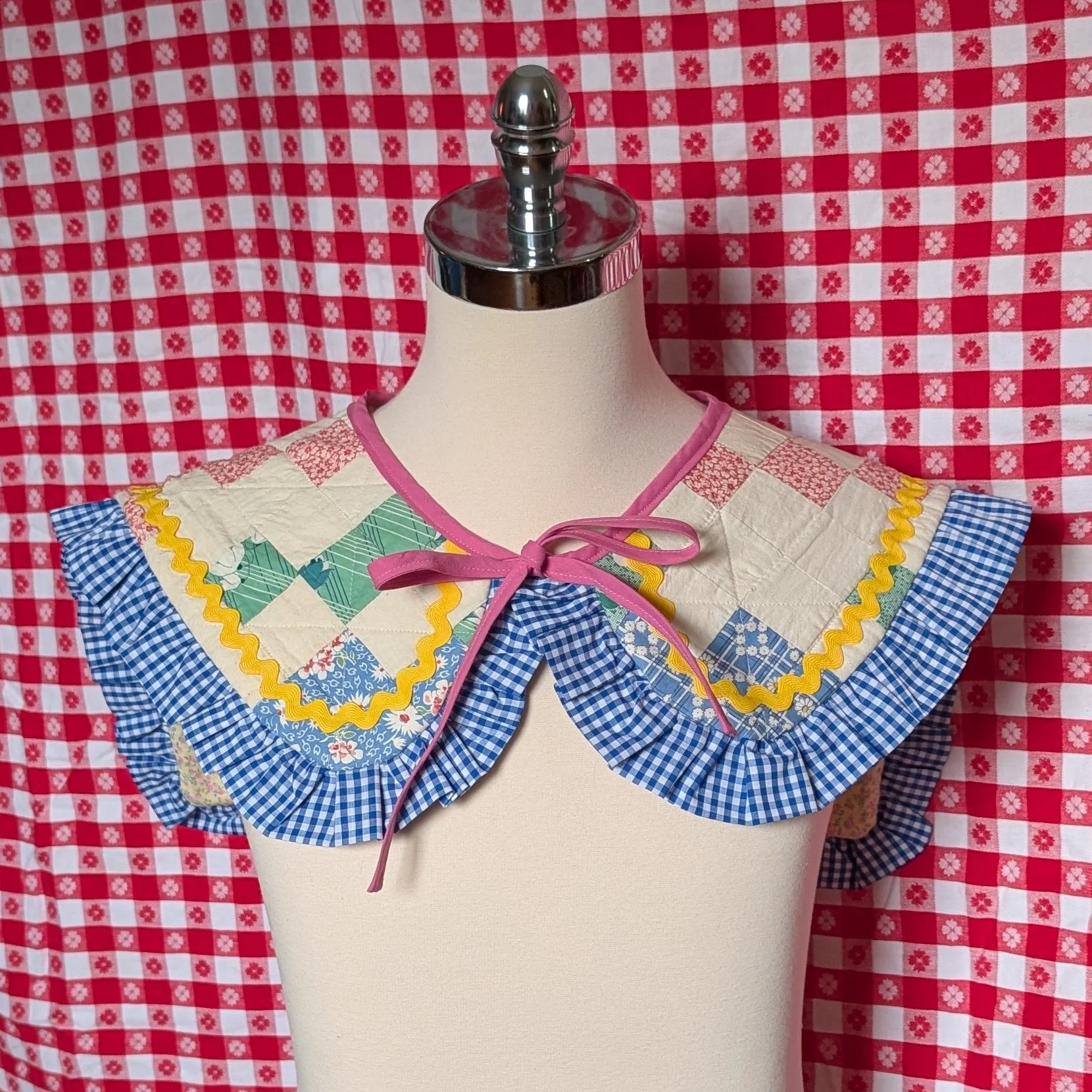 Blue Gingham Quilted Ruffle Collar