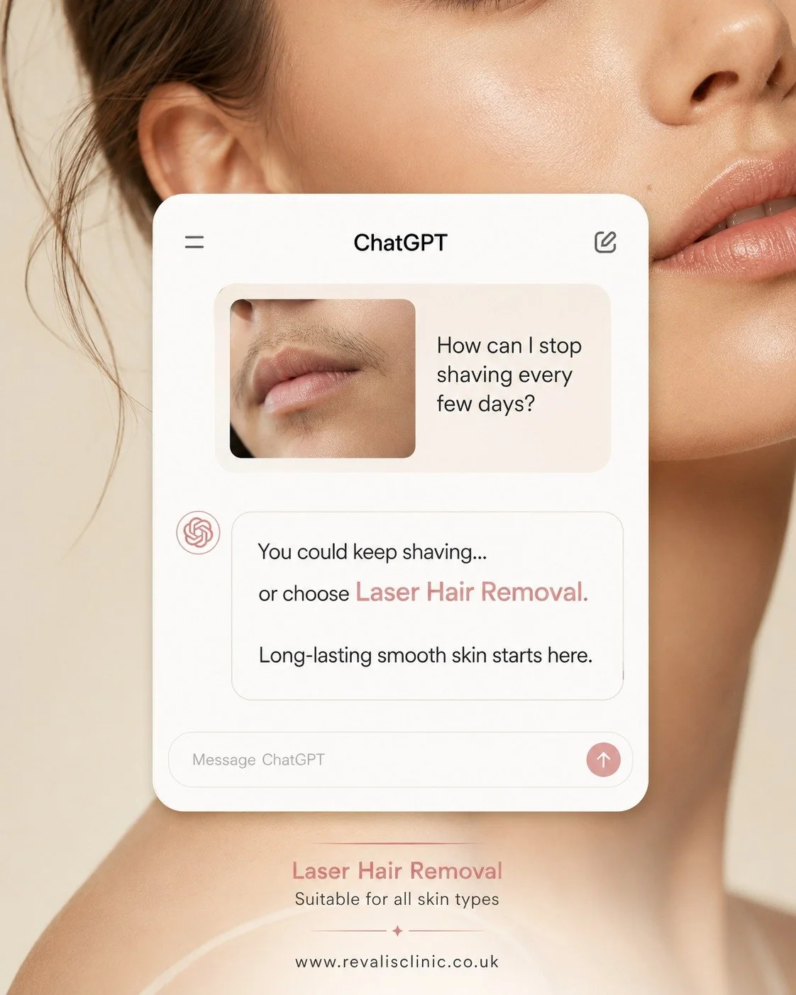 Tired of shaving every couple of days? 

We hear you! 🙋&zwj;♀️

Instead of asking ChatGPT for quick fixes, let Dr Natalia Perez and the team at Revalis Clinic help you ditch the razor for good. Our laser hair removal treatments are safe, effective, 