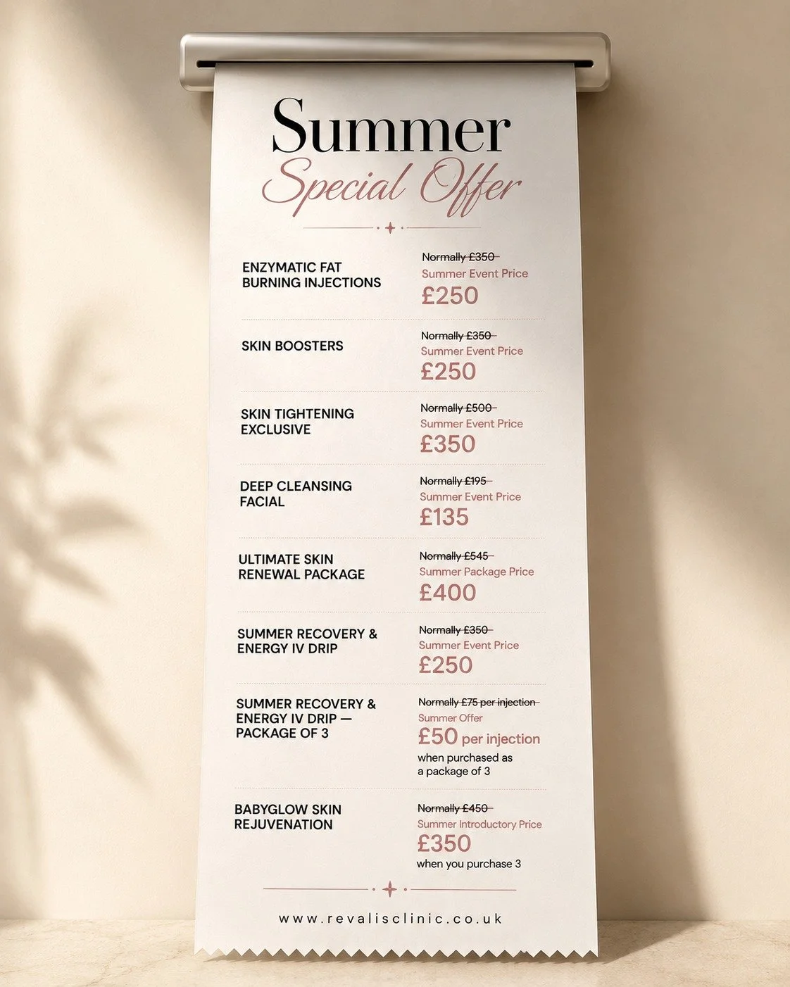 "Receipts we actually want to keep! 🧾✨

Dr Natalia Perez and the team at Revalis Clinic have rolled out special event prices on all your favourite summer treatments. From deep cleansing facials and skin boosters to energy IV drips and skin tigh