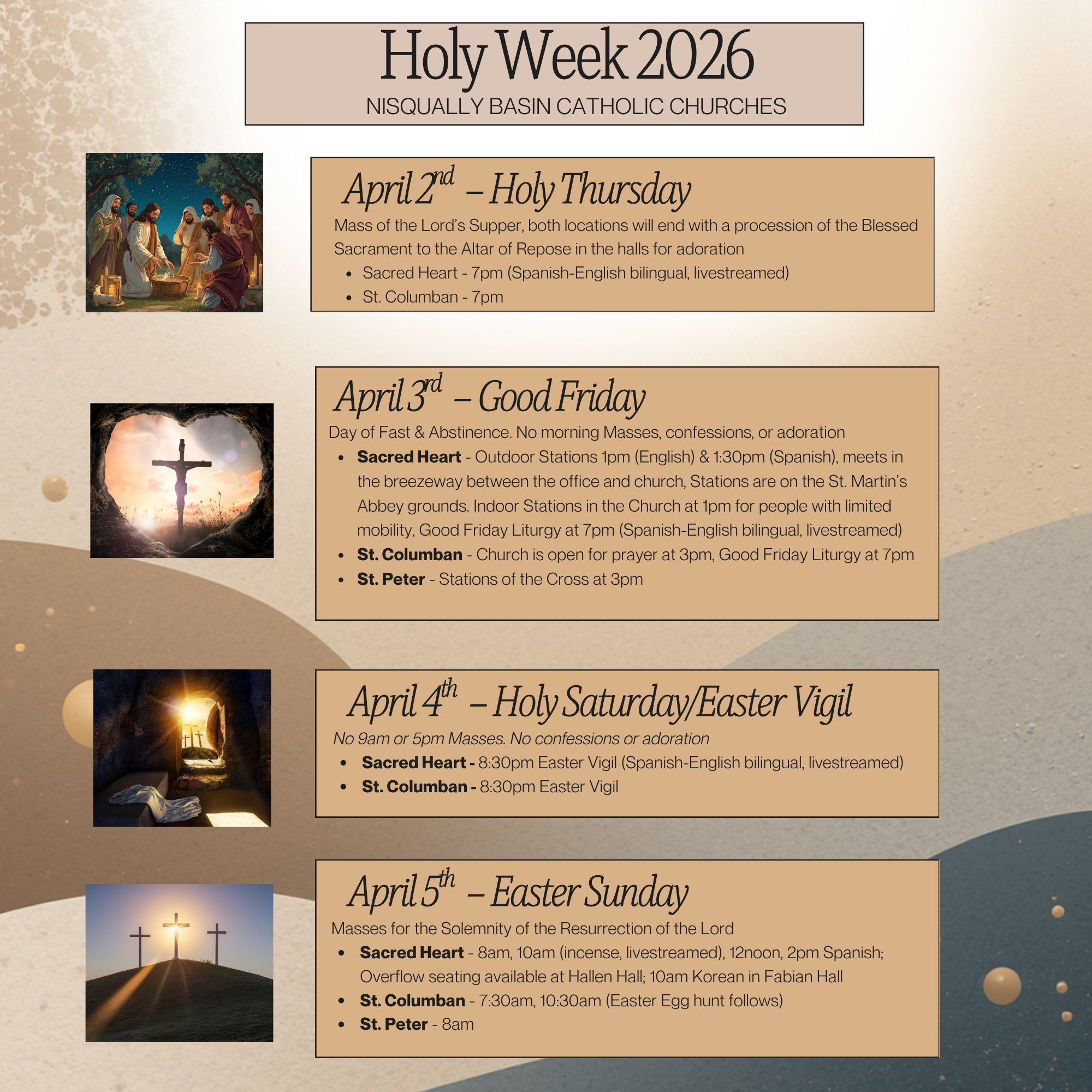A schedule for Holy Week 2026 at Sacred Heart Parish, listing dates and event details with images representing each day, including Palm Sunday, Holy Thursday, Good Friday, Holy Saturday/Easter Vigil, and Easter Sunday.