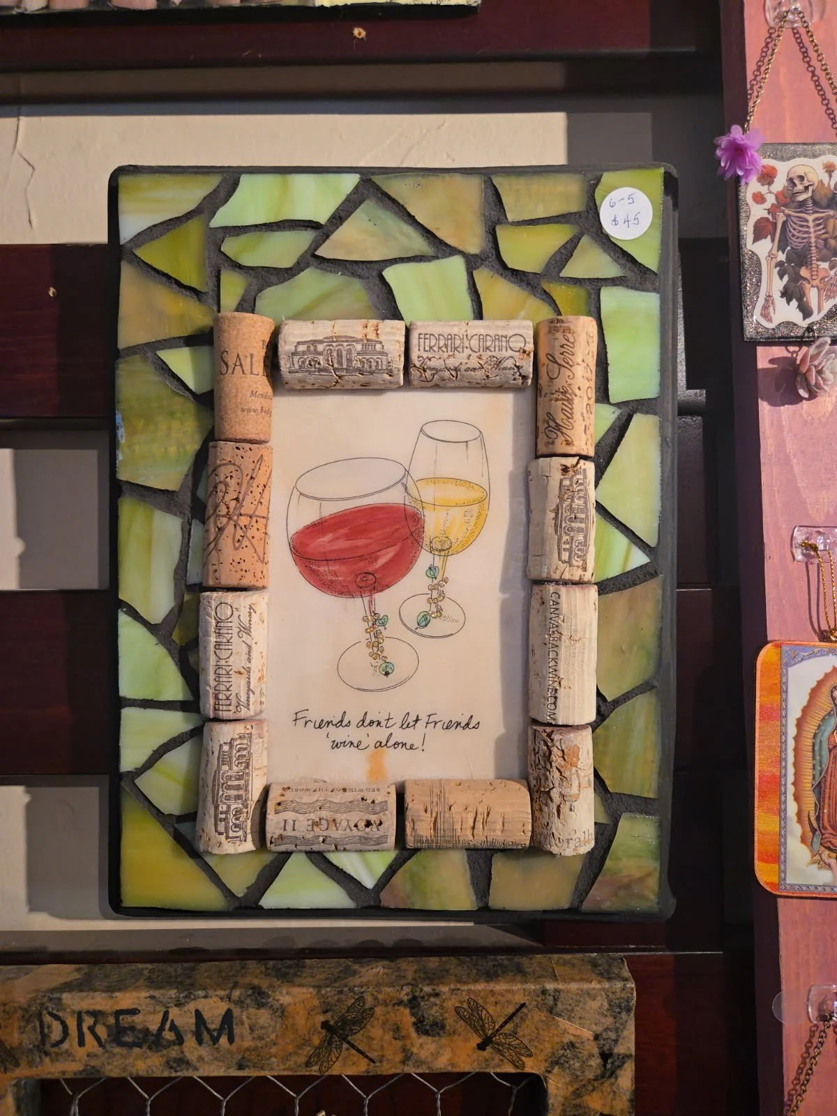 repurposed frame, mosaic and cork art created by Patricia Carter