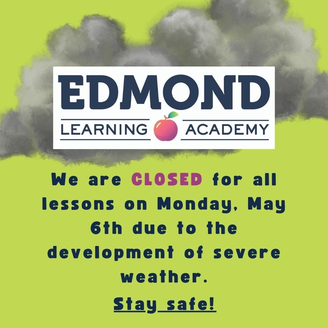 Attention: Monday students! Tutoring sessions have been cancelled today! Stay home and stay safe. 
-
-
-
-
- 
#edmondlearningacademy #severweather #tutoring #staysafe