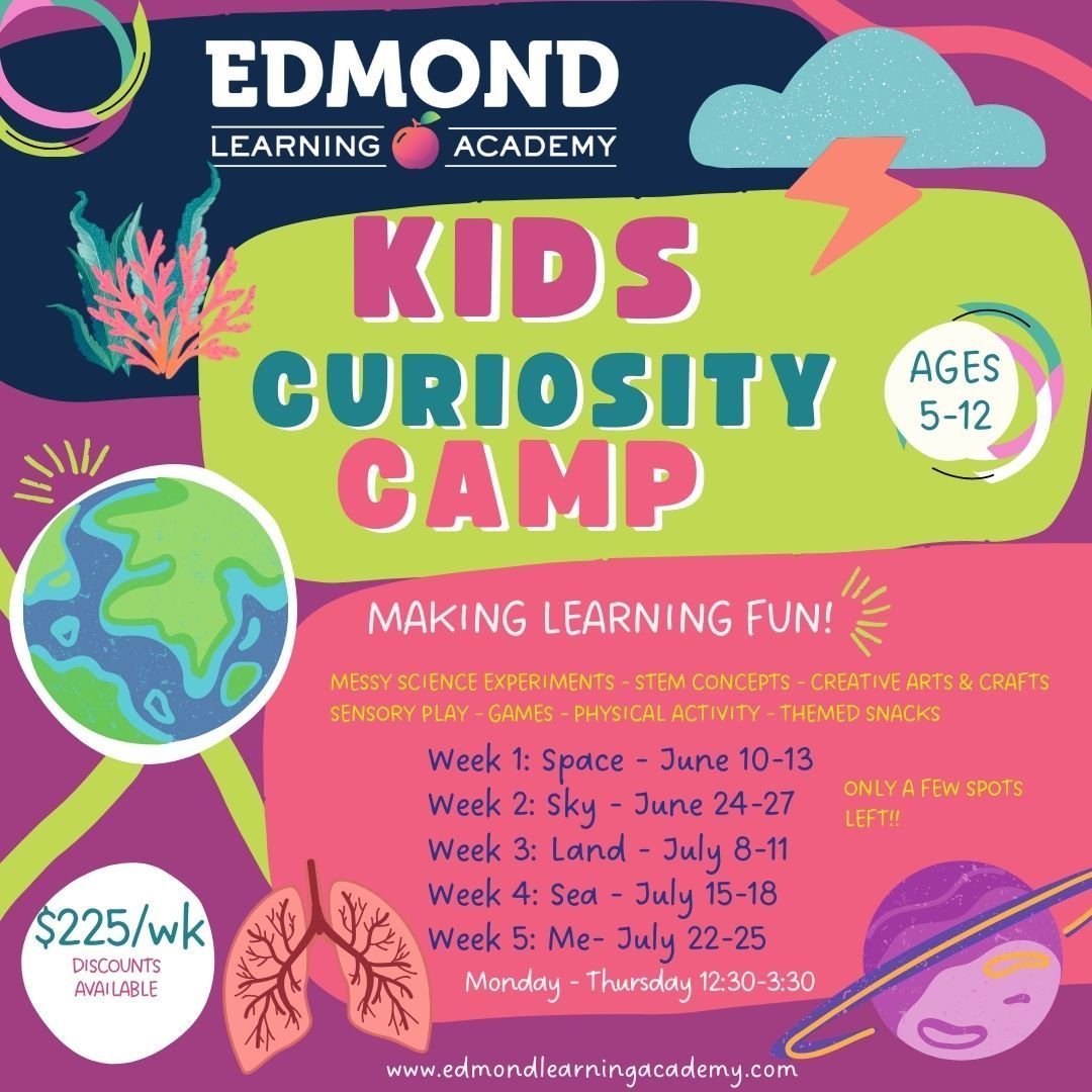 Fill your summer with curiosity and FUN!! Join us at Curiosity Camp 2024!

Each ELA camp is a unique experience within a cohesive theme. Campers can enjoy all five weeks of camp together, or come to any weeks they choose!! 

Visit www.edmondlearninga