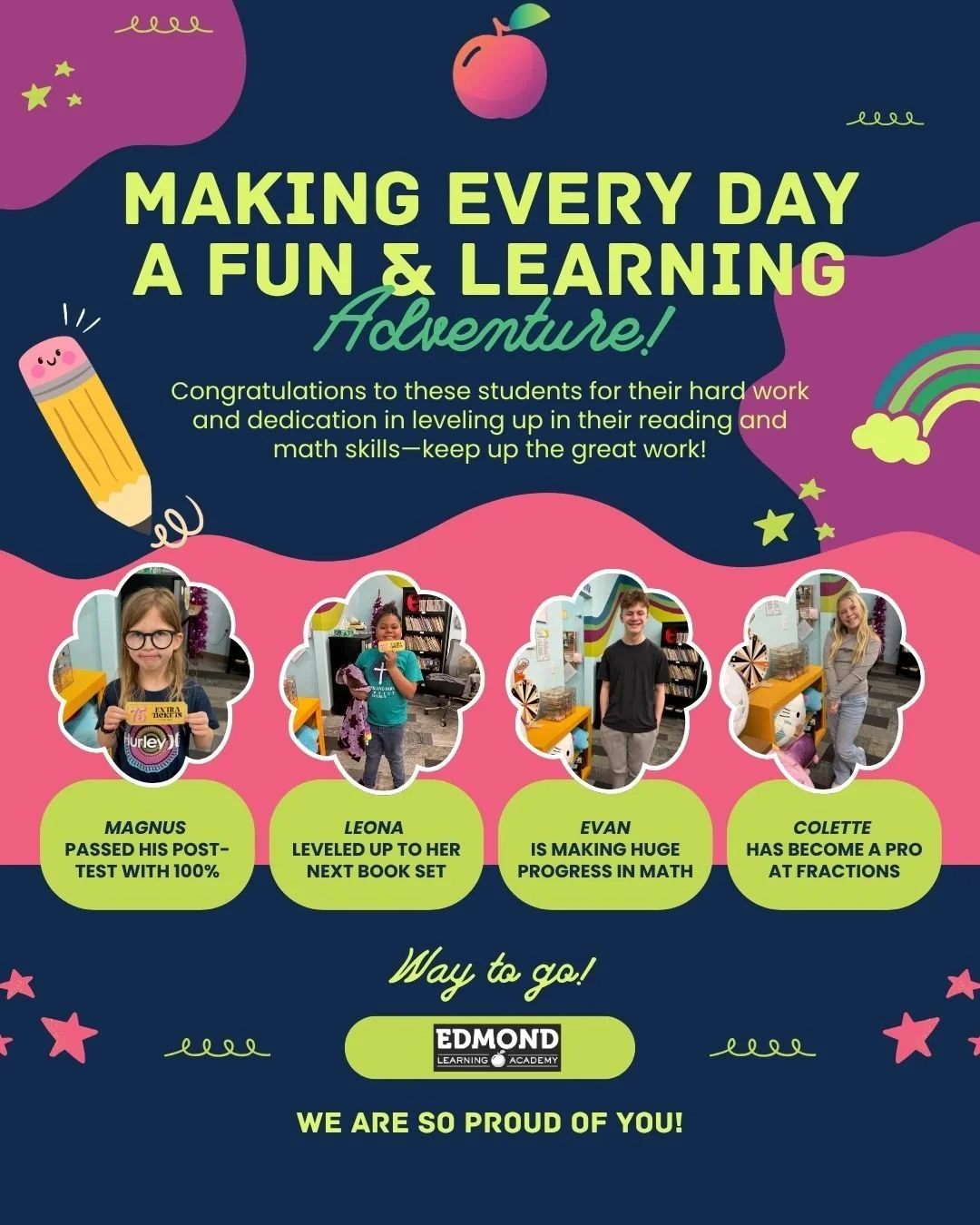 Shoutout to our amazing students for all their hard work in math and reading! 📚✨ Your dedication is paying off&mdash;keep learning, growing, and shining bright! 🌟