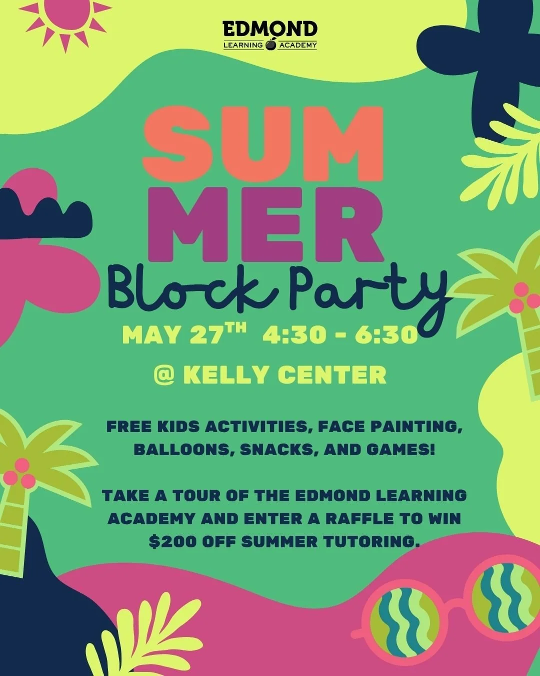 ☀️🎉 Join us for our Summer Block Party! 🎉☀️

Bring the whole family for FREE kids activities, face painting, balloons, snacks, and games! 🎈🍿🎨

PLUS &mdash; enter our raffle for a chance to win $200 OFF summer tutoring tuition!

📚 Grow an academ