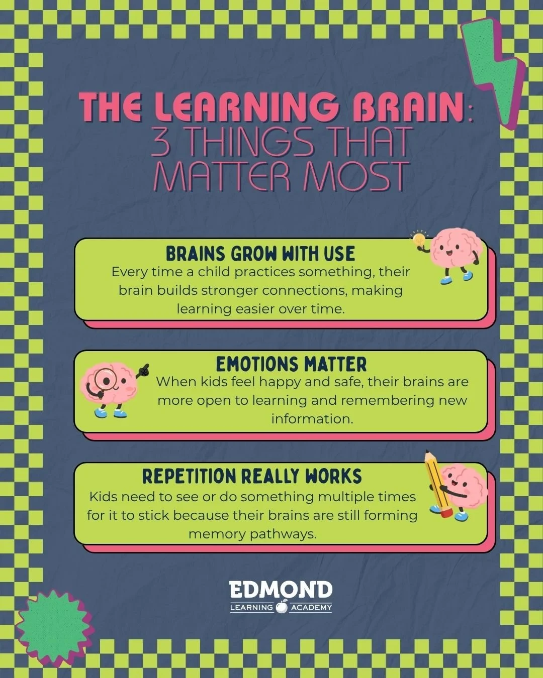 Growing brains, one connection at a time. 🧠✨ 

Practice makes pathways stronger, repetition helps it stick, and positive emotions make learning come alive.  At Edmond Learning Academy, we focus on building confidence, strong habits, and a love for l