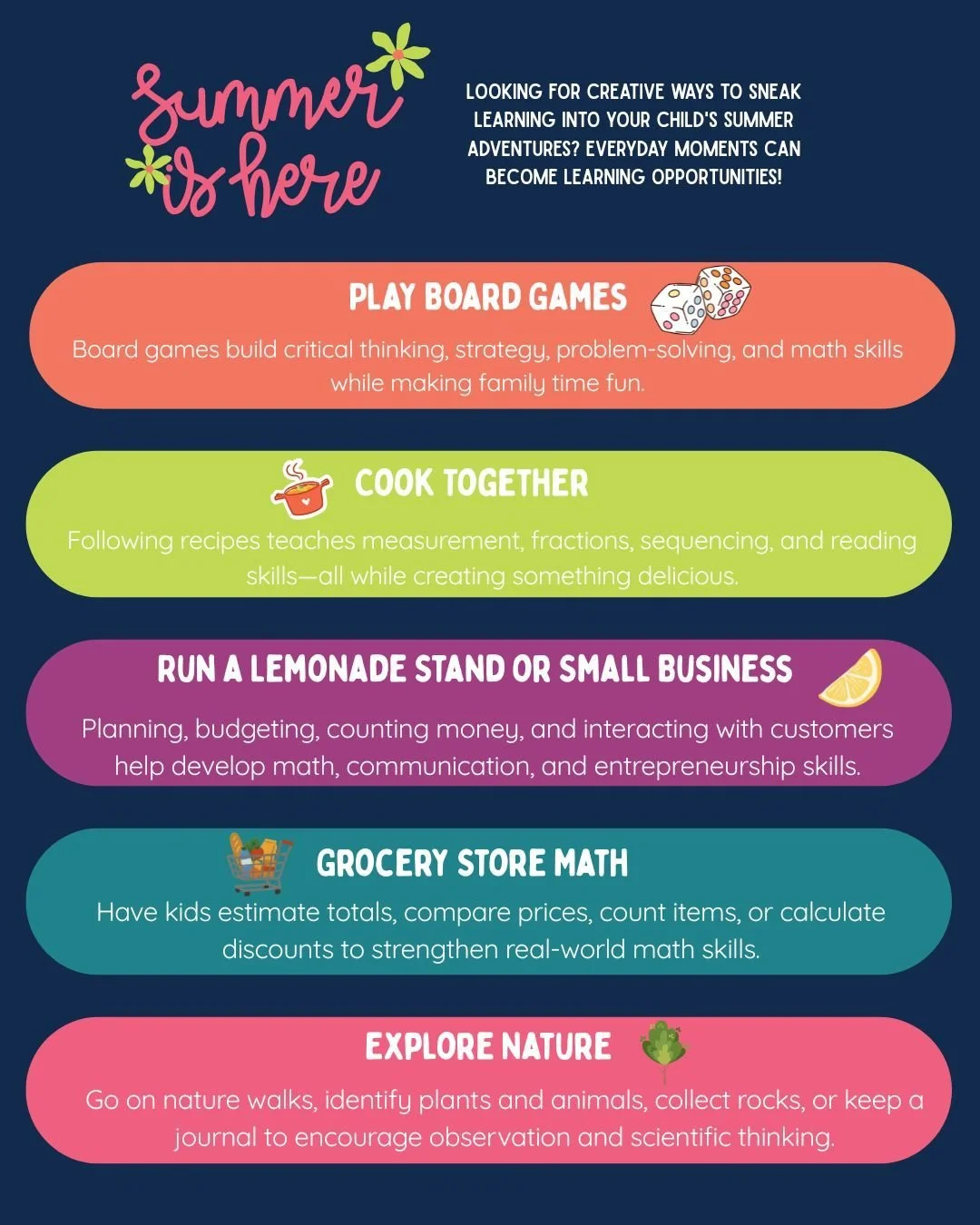 Summer learning doesn't have to look like worksheets and textbooks! ☀️📚

Some of the best learning happens through everyday activities&mdash;playing board games, helping with grocery shopping, cooking in the kitchen, reading together, exploring natu