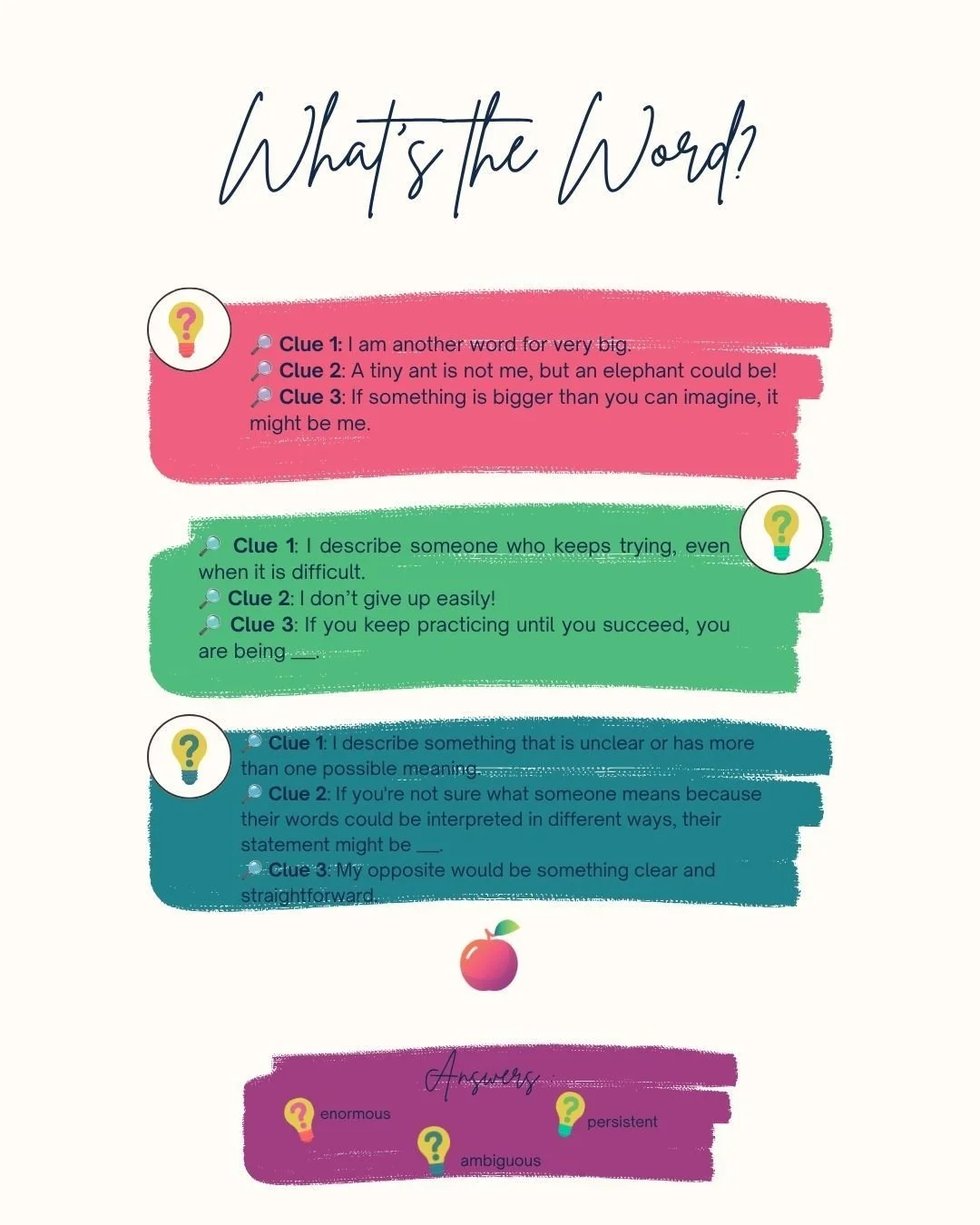 🧠📚 Can you guess the vocabulary word?

Think you can figure them all out? Each level gets a little harder! 👀 Start with Level 1 and see if you can make it all the way to the challenge round. 💪

👇 Answers are at the bottom&mdash;no peeking! 😉

C